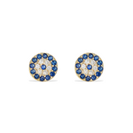 Small sapphire blue cz evil eye stud earrings in gold
