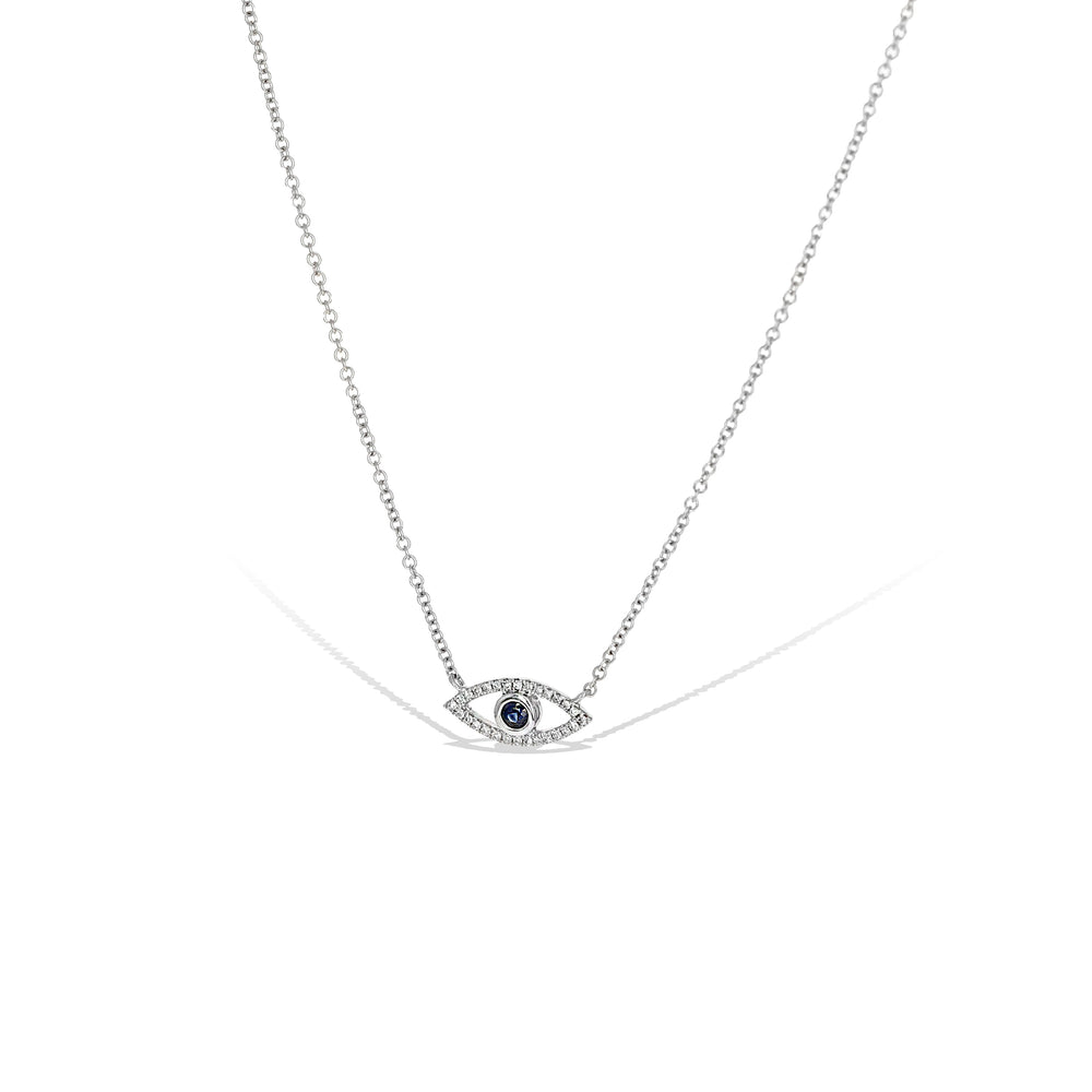 Diamond Sapphire Evil Eye Necklace, 14k White Gold | Alexandra Marks Jewelry