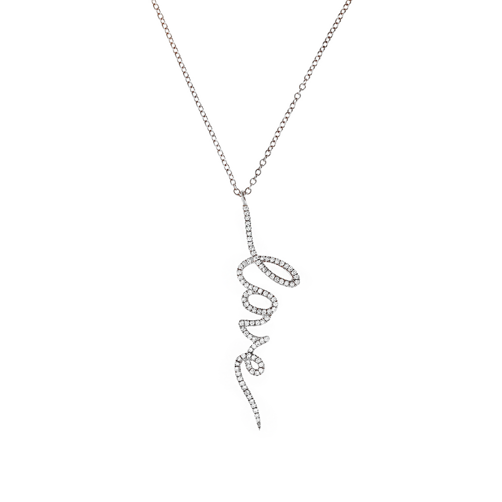 designer diamond love word necklace in 14kt gold