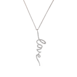 designer diamond love word necklace in 14kt gold