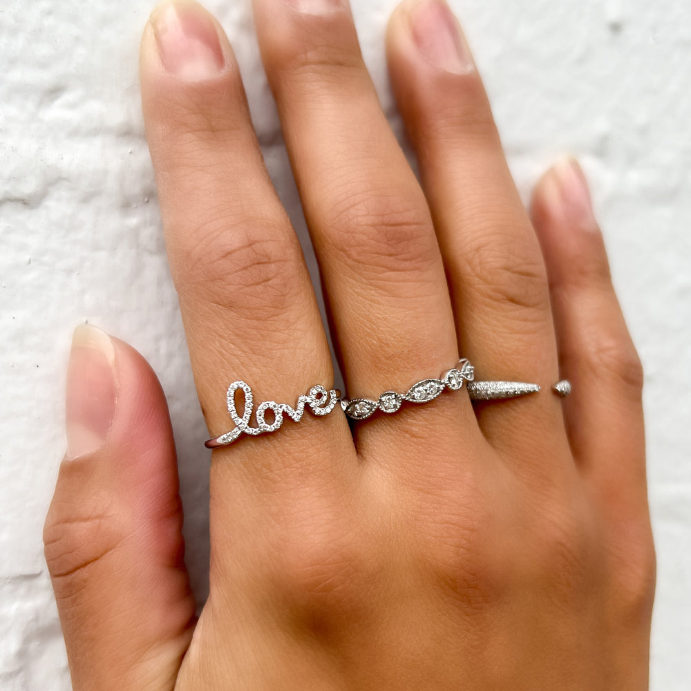 White Gold Diamond Love Script Ring | Alexandra Marks Jewelry