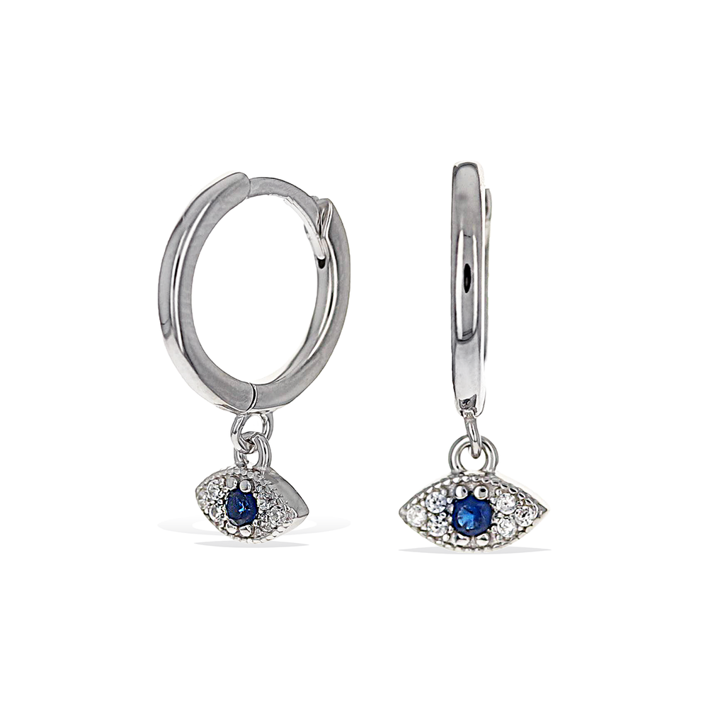 
            
                Load image into Gallery viewer, Silver Evil Eye Charm Huggie Hoop Earrings - Alexandra Marks Jewelry
            
        