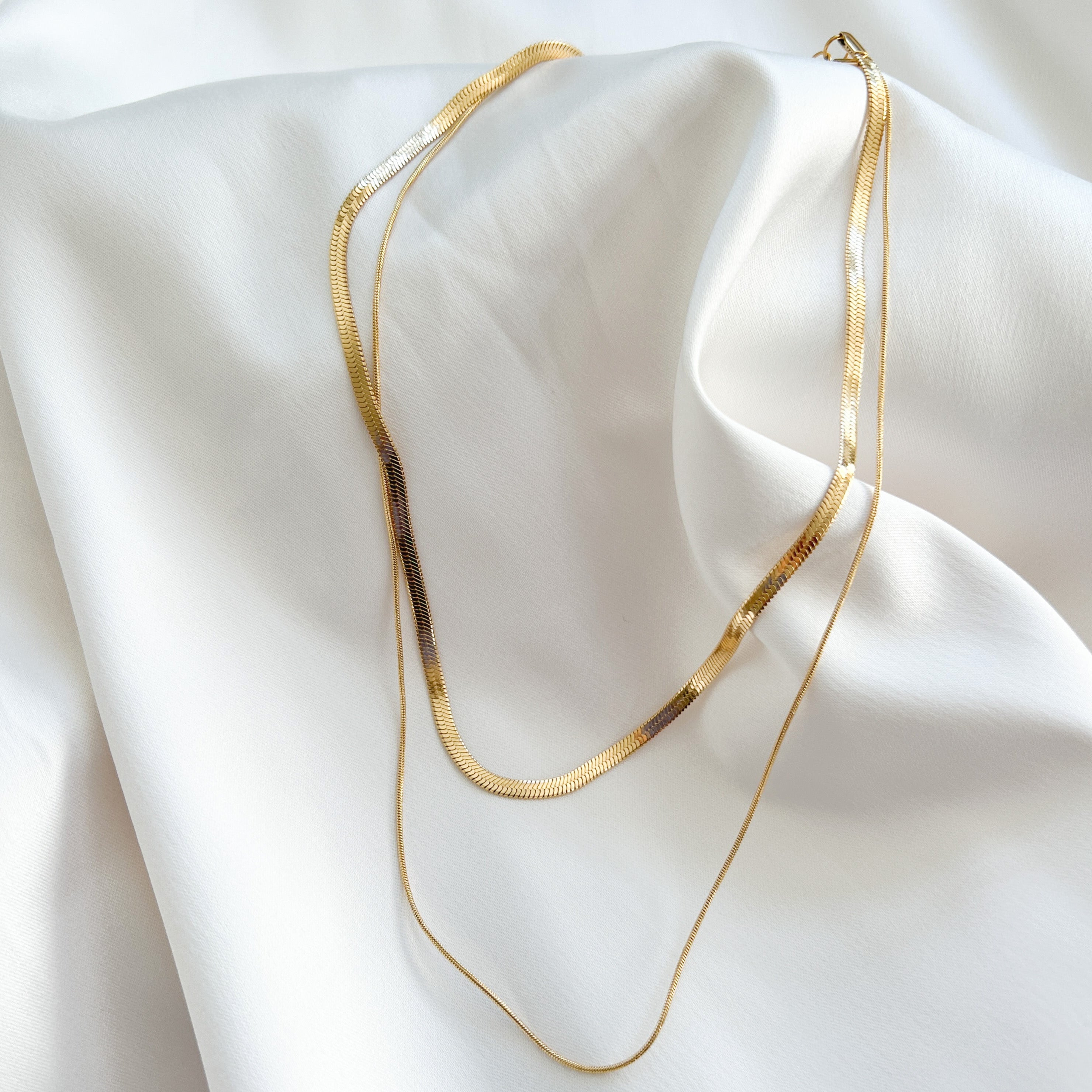 DOUBLE LAYER outlet HERRINGBONE 18K GOLD CHAIN NECKLACE