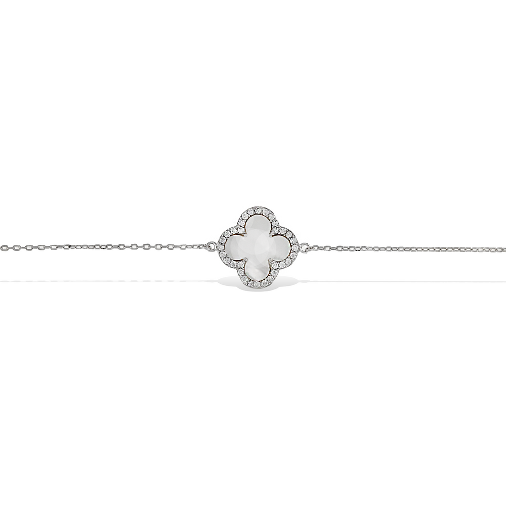 Sterling silver pearl clover bracelet with cz halo 
