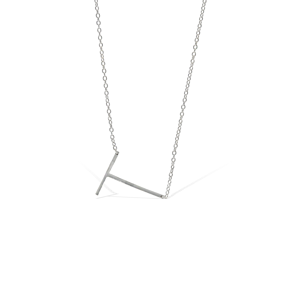 
            
                Load image into Gallery viewer, Plain Silver Sideways Letter T Personalized Necklace from Alexandra Marks Jewelry
            
        