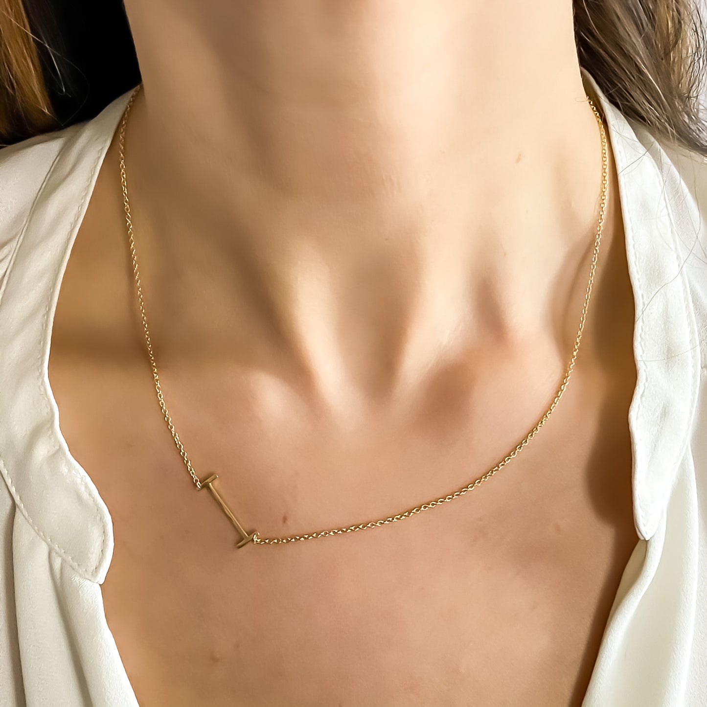 Letter I initial necklace in gold, 18" - Alexandra Marks Jewelry