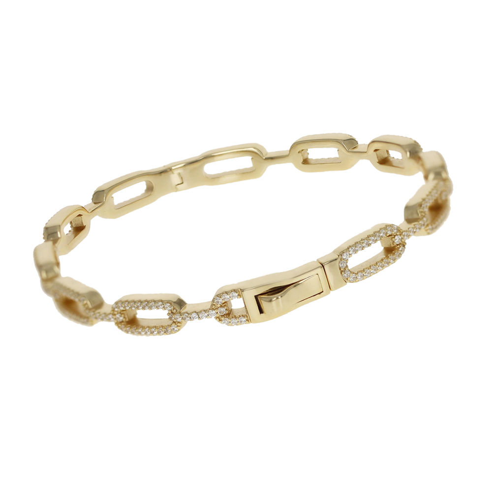
            
                Load image into Gallery viewer, Featuring a push button clasp on this open oval cz gold bangle bracelet from Alexandra Marks Jewelry
            
        