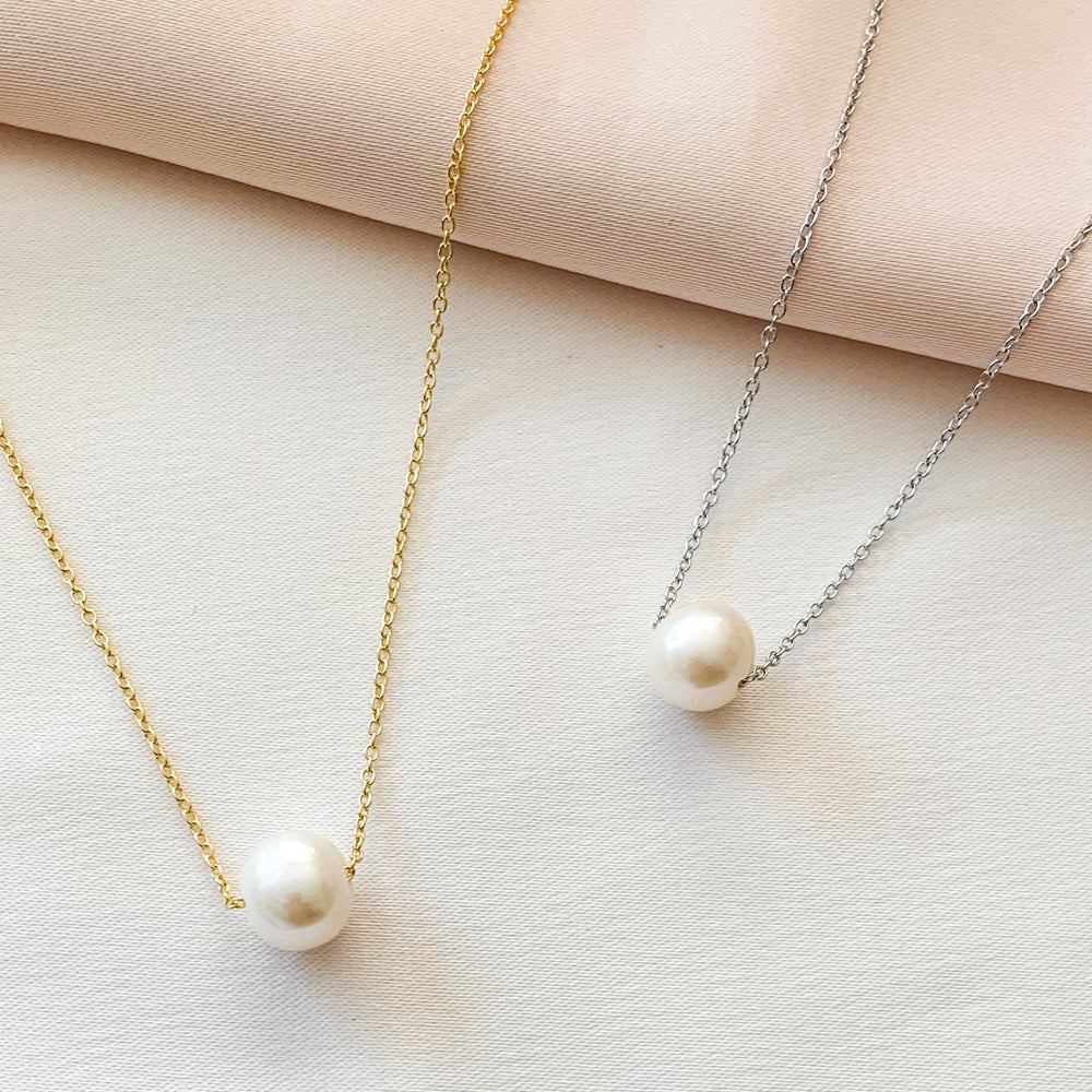 Everyday Simple White Pearl Soitaire Bridal Necklace in Silver or Gold Plated Sterling Silver