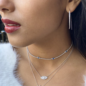 Wearing silver cz thin threader hoop earrings - Alexandra Marks Jewelry
