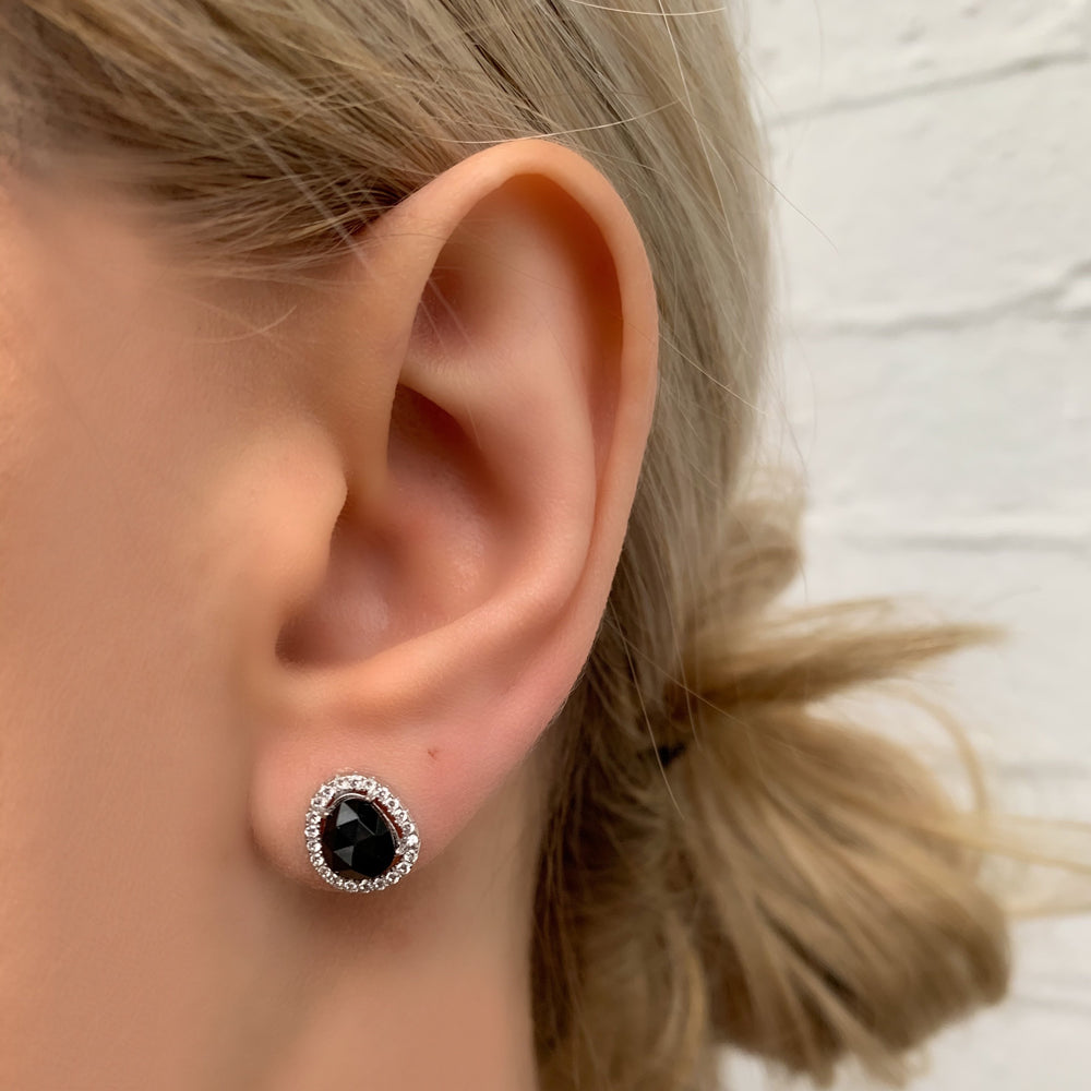 
            
                Load image into Gallery viewer, Free form black onyx studs with cz halo in sterling silver
            
        