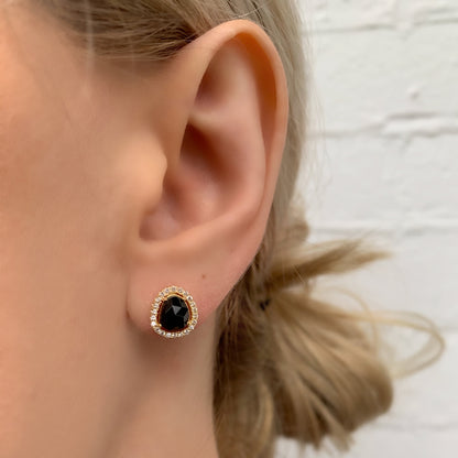 Free Form black onyx gemstone stud earrings with cz halo in gold