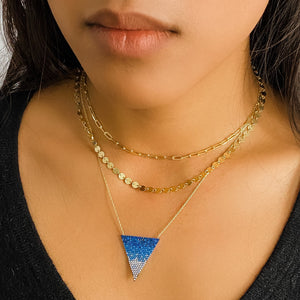 Blue Ombe' Triangle Necklace Styled with two gold chain necklaces