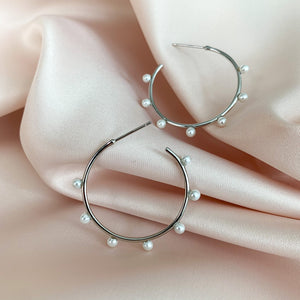 Medium Silver Hoop Earrings With White Pearls | Alexandra Marks Jewelry