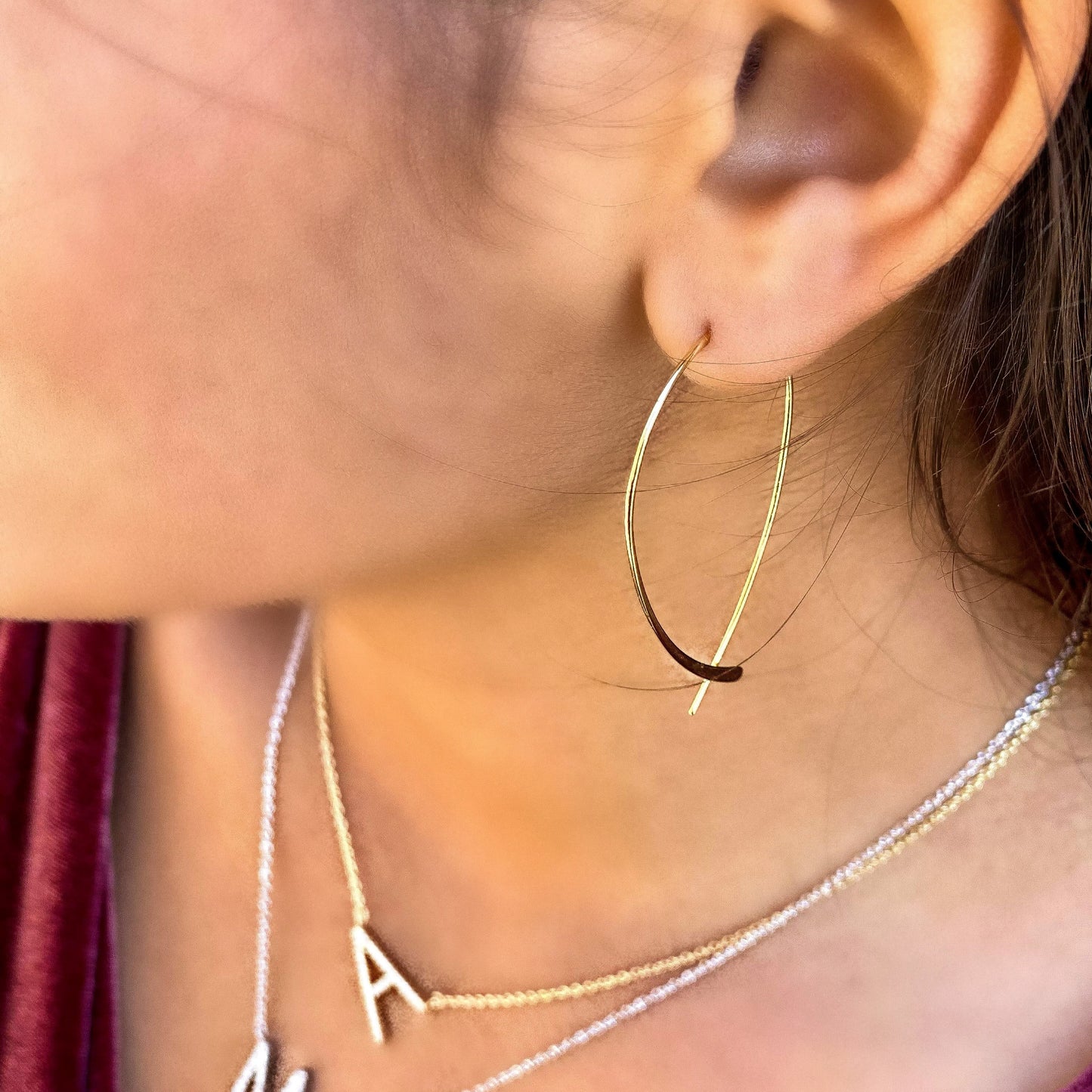 Wearing The Thin gold threader hoop earrings - Alexandra Marks Jewelry