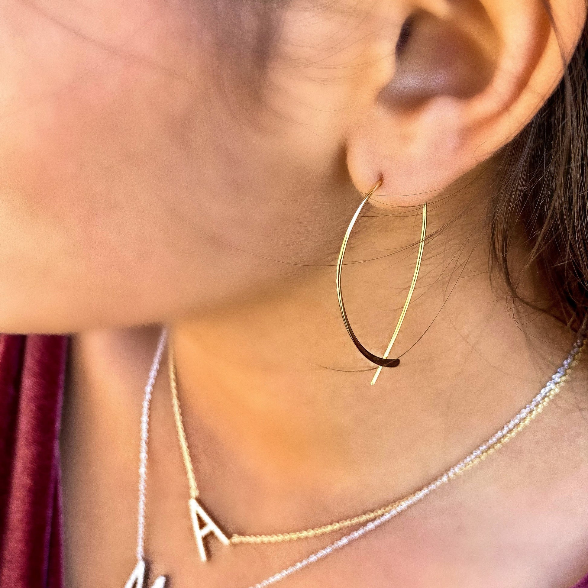 Wearing The Thin gold threader hoop earrings - Alexandra Marks Jewelry