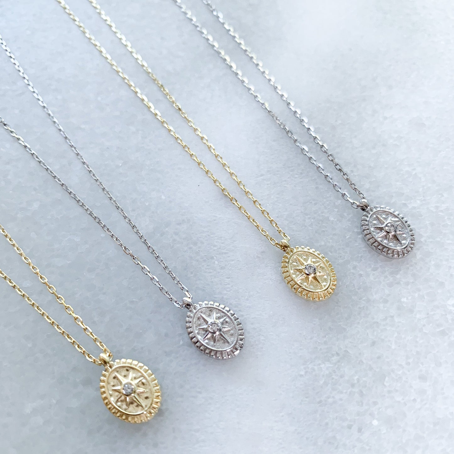 Dainty silver and gold compass charm necklaces - Alexandra Marks Jewelry