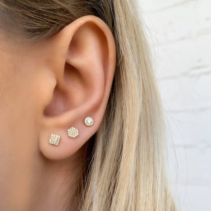 Alexandra Marks wearing the petite halo diamond stud earrings