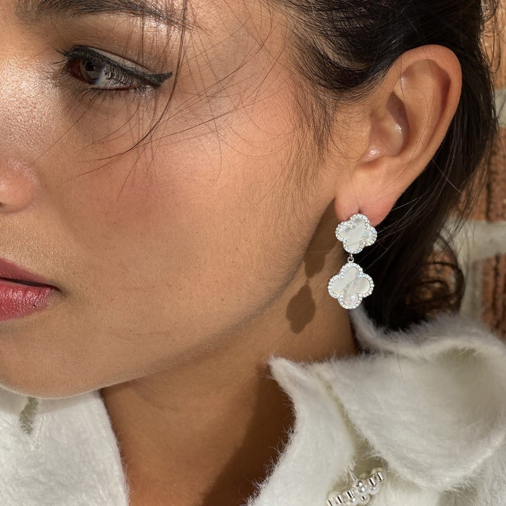 White Pearl Double Drop Clover Earrings