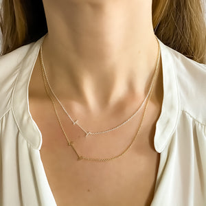 
            
                Load image into Gallery viewer, Wearing the silver and gold letter I initial necklaces from Alexandra Marks Jewelry
            
        