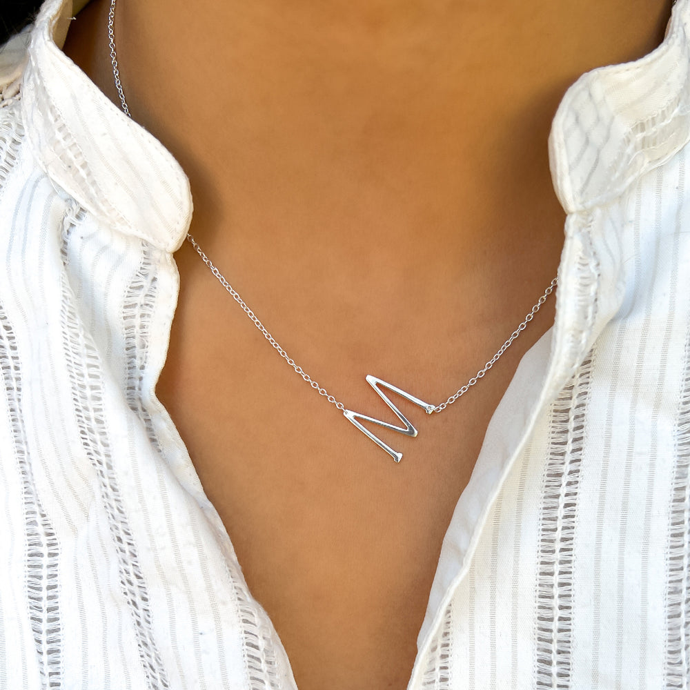 Sterling Silver Sideways Letter M Initial Necklace - Alexandra Marks Jewelry