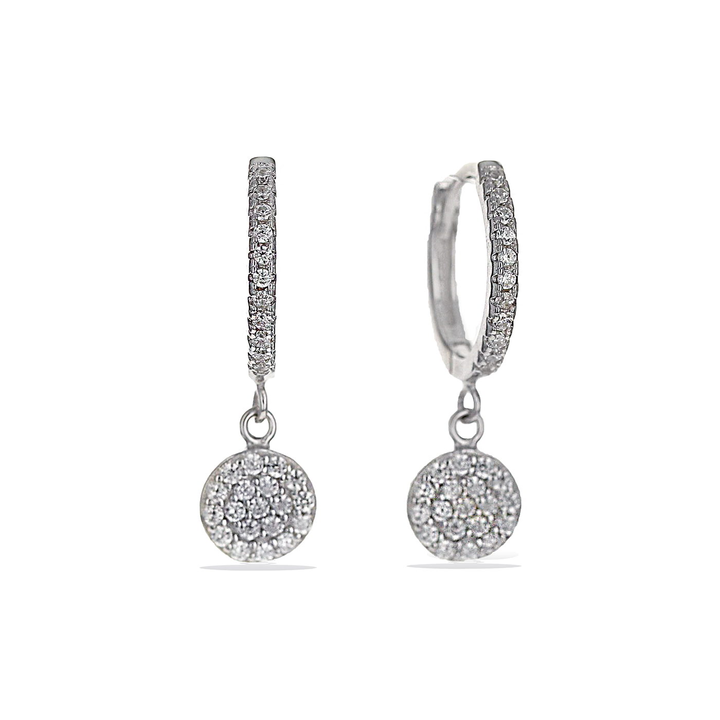 Sterling Silver cz disc charm huggie hoop earrings