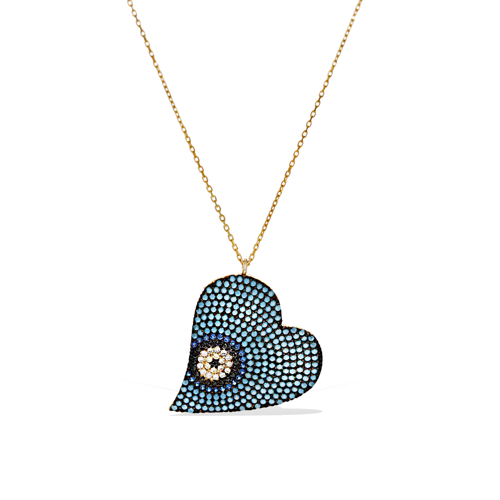 Large Blue Evil Eye Cz Heart Necklace in 18k Gold Plated Sterling Silver