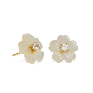 
            
                Load image into Gallery viewer, White Pearl Flower &amp;amp; CZ Gold Stud Earrings - Alexandra Marks Jewelry
            
        
