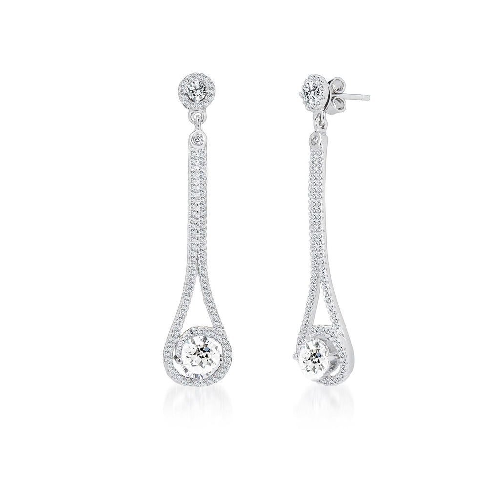 Front and side view of our teardrop encircled cubic zirconia drop earrings in sterling silver