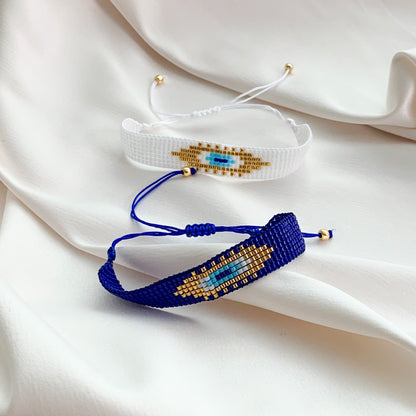 Blue and white beaded evil eye bracelets - Alexandra Marks Jewelry
