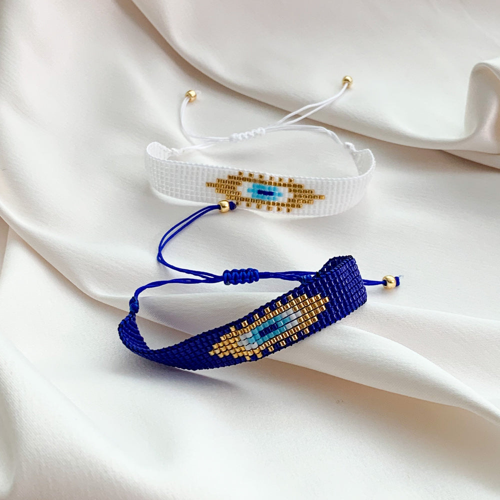 
            
                Load image into Gallery viewer, Blue and white beaded evil eye bracelets - Alexandra Marks Jewelry
            
        