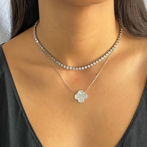Wearing the silver cz bezel set tennis necklace from Alexandra Marks Jewelry