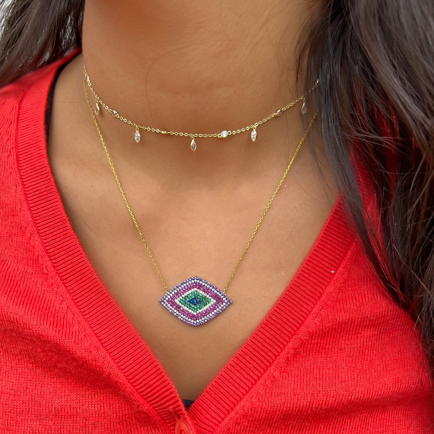 Rainbow Pink & Purple Evil Eye Statement Necklace | Alexandra Marks Jewelry