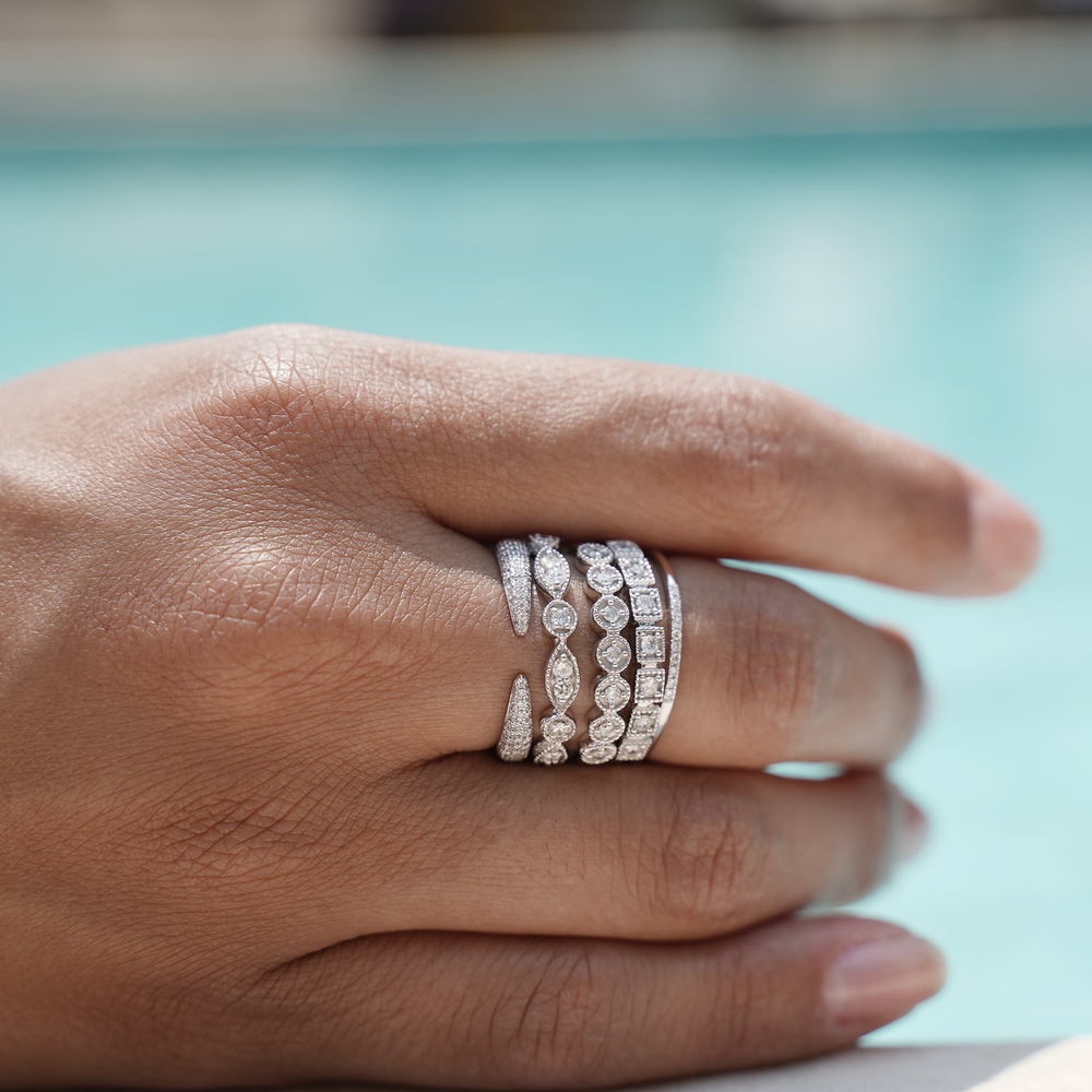 Stacking the diamond marquise ring from Alexandra marks jewelry