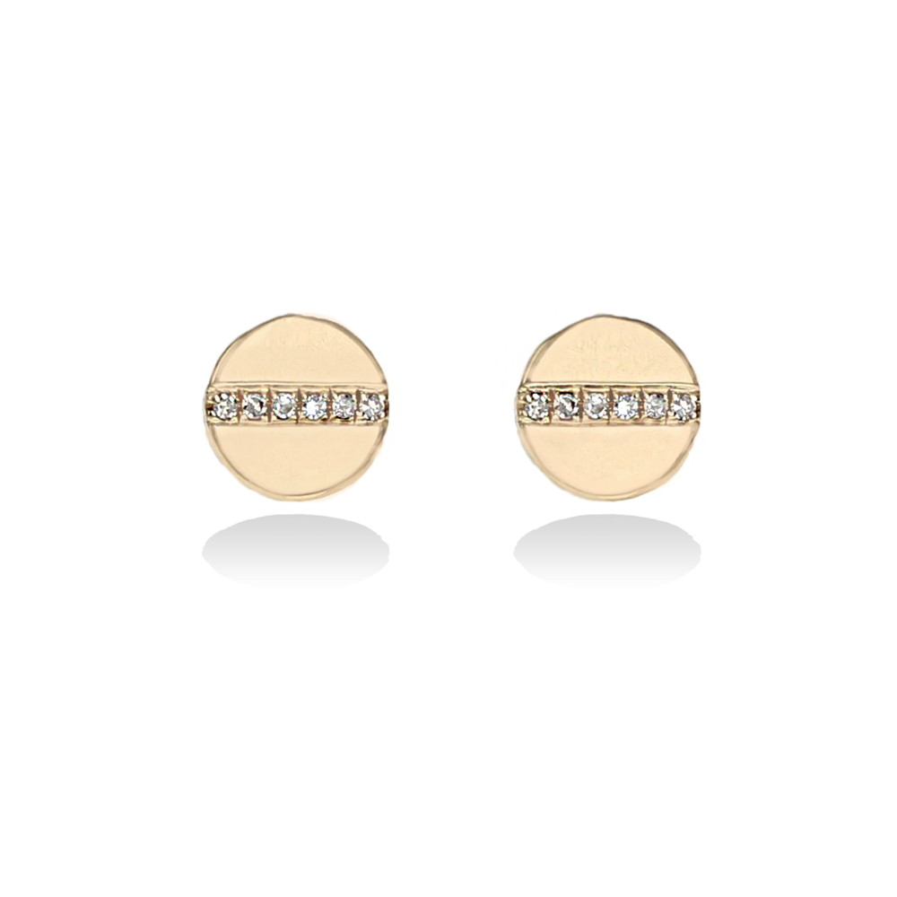 Alexandra Marks Jewelry | Gold Disc Stud Earrings with Pave' Diamond Bar in 14kt Yellow Gold