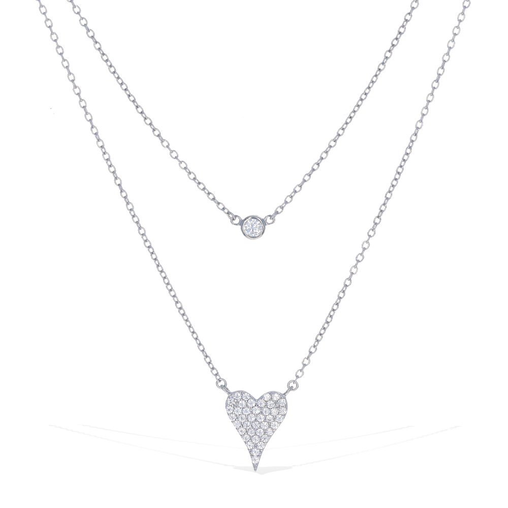 Layered Silver CZ Heart Pendant Necklace - Alexandra Marks Jewelry