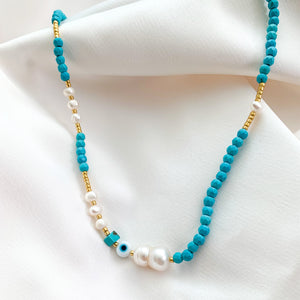 Mixed Colorful Pearl Beaded Boho Evil Eye Necklace - Alexandra Marks Jewelry
