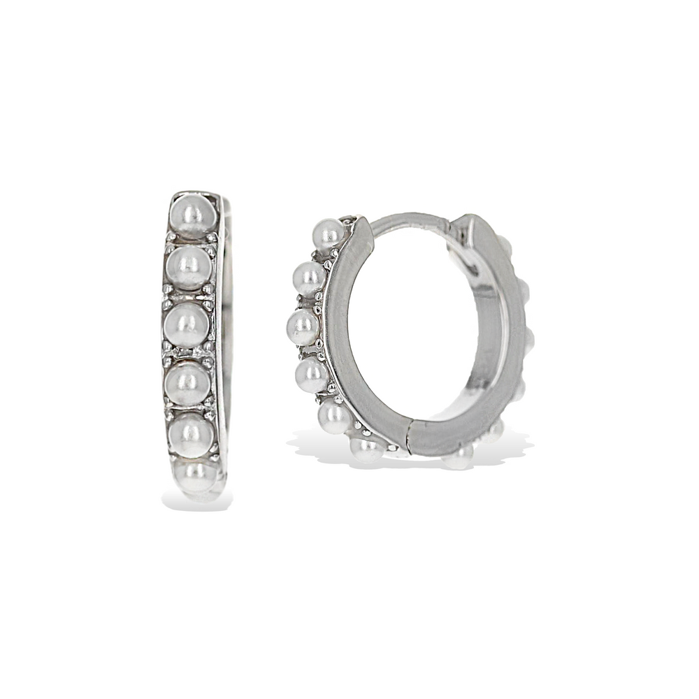 
            
                Load image into Gallery viewer, Small Sterling Silver Huggie Hoop Earrings With White Tiny Pearls - Alexandra Marks Jewelry
            
        