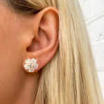 White pearl flower stud earrings from Alexandra Marks Jewelry