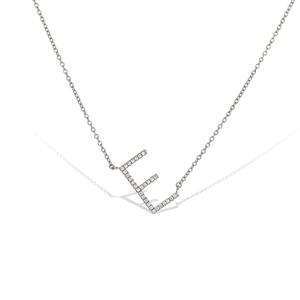 
            
                Load image into Gallery viewer, Letter E Sideways Diamond Initial Necklace
            
        