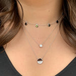 Wearing the Silver Modern Half Disc CZ Necklace from Alexandra Marks 