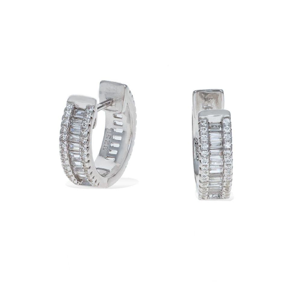 
            
                Load image into Gallery viewer, Baguette Halo Small Silver CZ Hoop Earrings - Alexandra Marks Jewelry
            
        