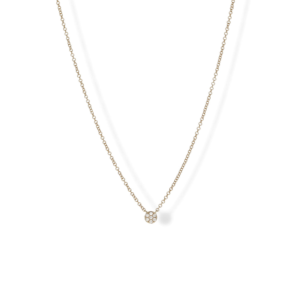
            
                Load image into Gallery viewer, Tiny Diamond Disc Necklace in 14kt Yellow Gold - Alexandra marks jewelry
            
        