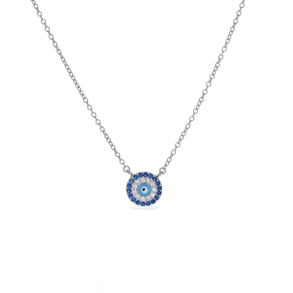 
            
                Load image into Gallery viewer, Blue CZ Evil Eye Circle Necklace in Sterling Silver - Alexandra Marks Jewelry
            
        