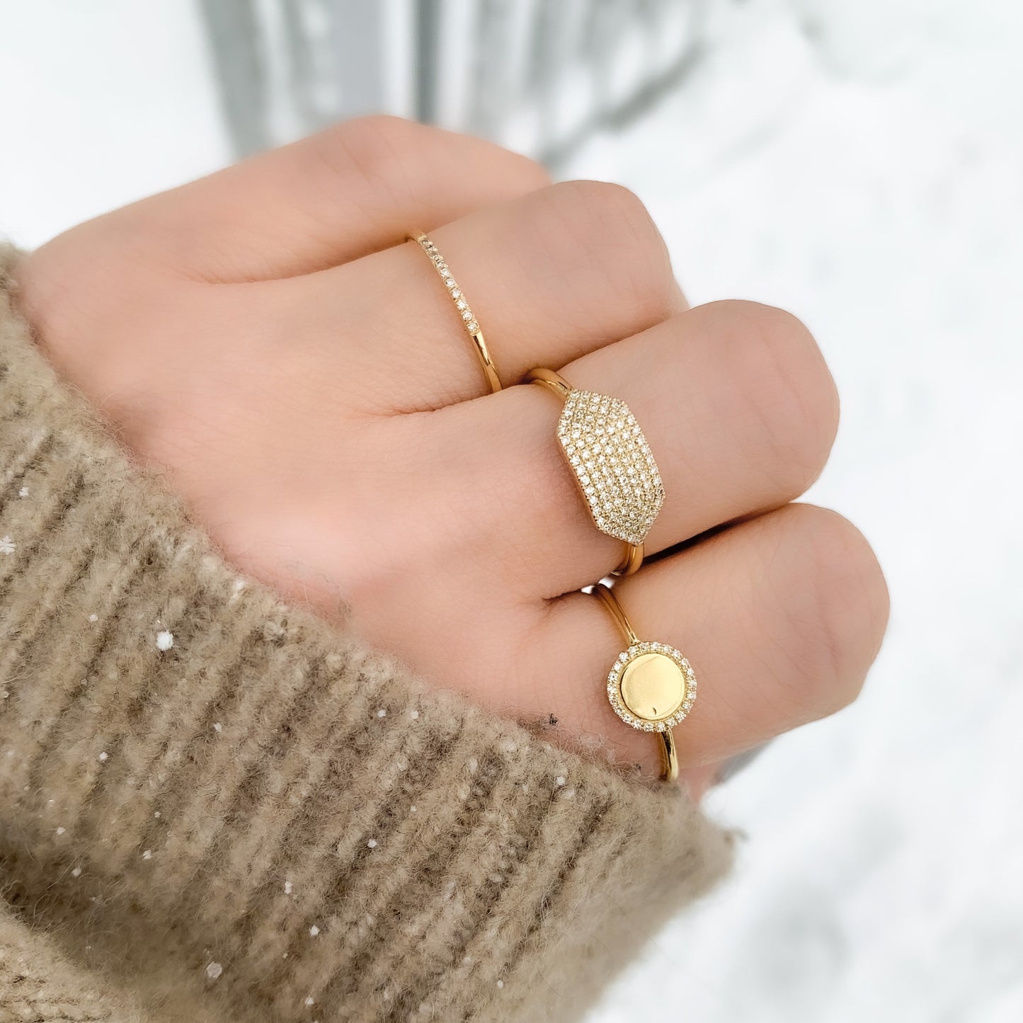 Wearing our thin pave' diamond 14kt gold ring