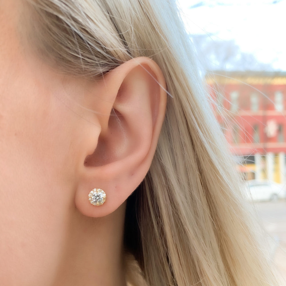 
            
                Load image into Gallery viewer, Petite gold cz halo stud earrings from Alexandra Marks Jewelry
            
        
